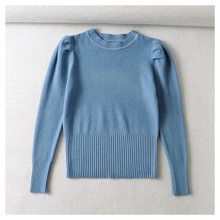 Special Discount Round neck bubble sleeve elastic slim knit sweater  7444