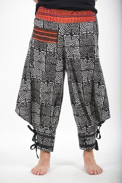 Savings Alert Maze Prints Thai Hill Tribe Fabric Harem Pants with Ankle Straps in Black