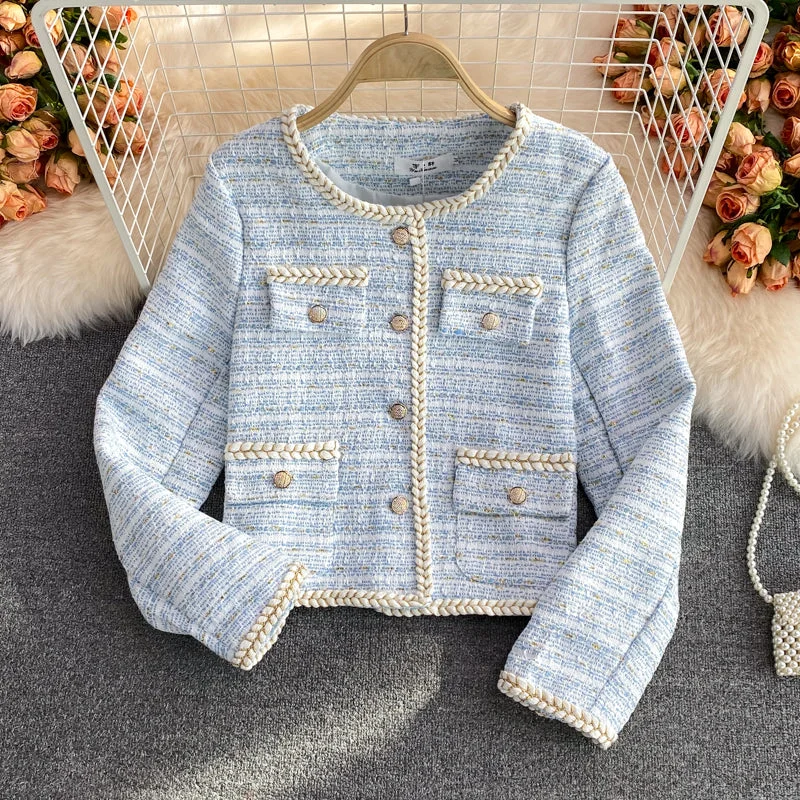 Shop and Save Temperament small fragrance bright silk woven single breasted long sleeved coat  1634