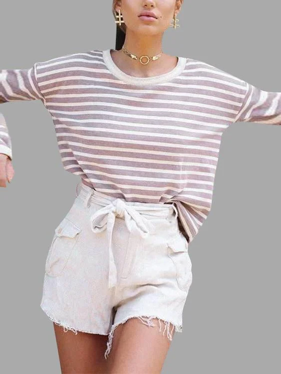 Blowout Sale Custom Round Neck Stripe Long Sleeve Pink T-Shirts