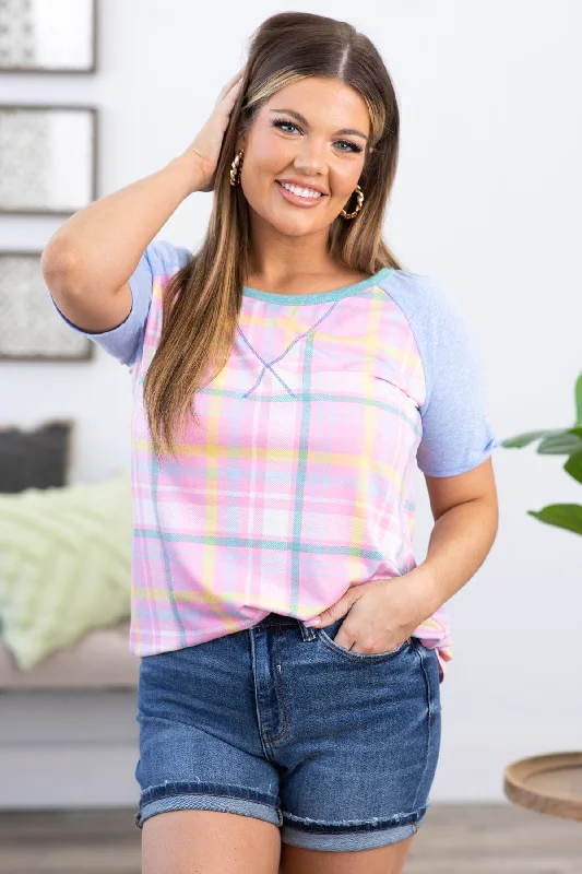 Great Deal Blush and Pastel Blue Plaid Raglan Sleeve Top