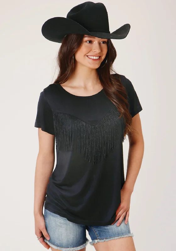 Warehouse Sale Roper Womens Black Poly/Rayon Fringe Knit S/S T-Shirt