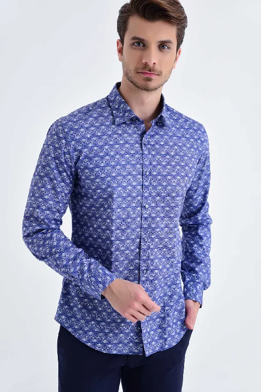 Slim Fit Long Sleeve Patterned Cotton Navy Dress Shirt