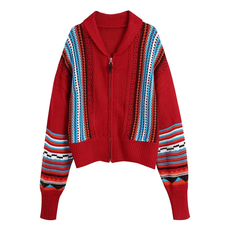 Weekend Discounts to Celebrate Contrast jacquard stand collar zipper knitted cardigan coat 7428 Weekend Discounts to Celebrate Contrast jacquard stand collar zipper knitted cardigan coat 7428