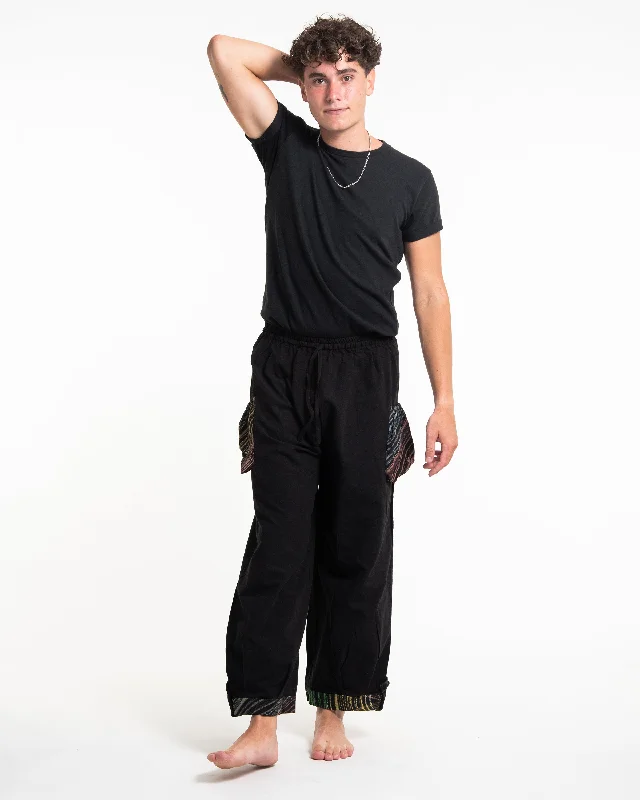 Discount Extravaganza Unisex Drawstring Cotton Pants with Hill Tribe Trim in Black