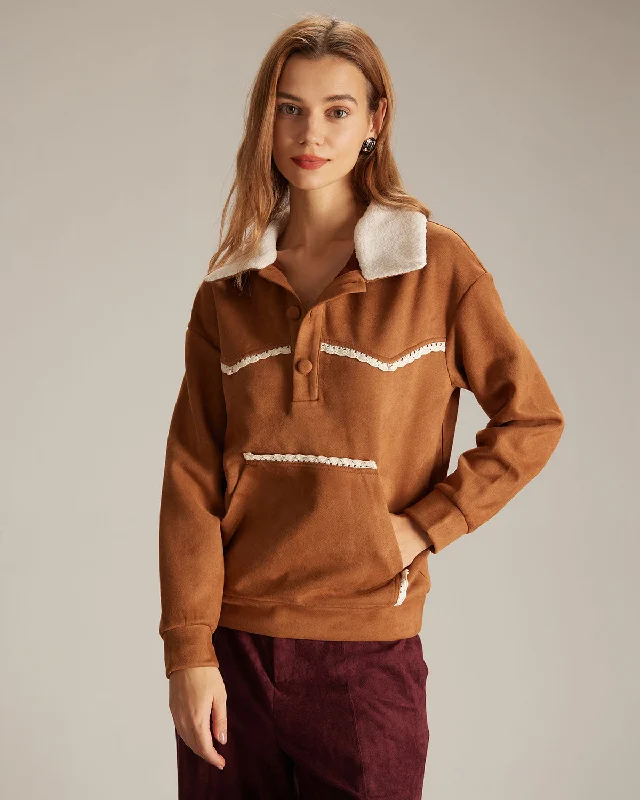 Bargain Blast The Brown Lapel Button Suede Sweatshirt