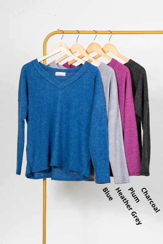 Clearance Items V-Neck Ribbed Drop Shoulder Knit Top