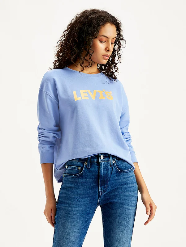 Weekend Deals to Make You Happy Women's Brand Logo Blue Crew Neck Sweatshirt