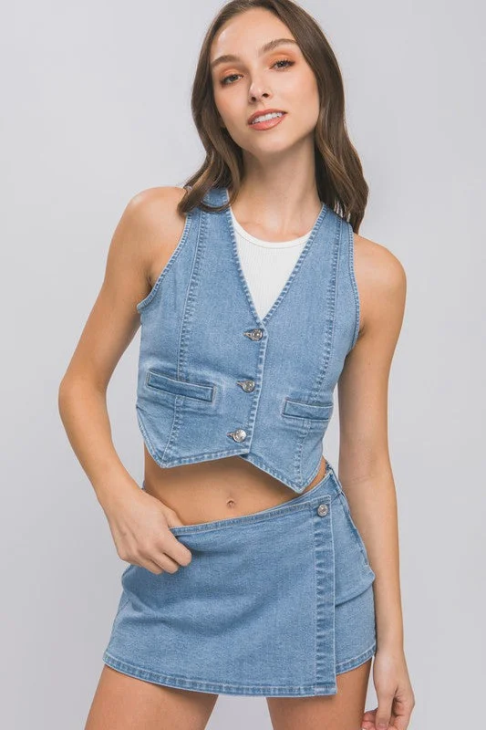 Weekend Shopping Extravaganza Denim Buttoned Vest Top