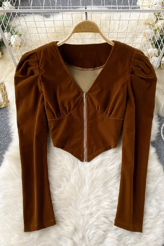 Clearance Sale French retro velvet niche V-neck zipper bubble sleeve  1557
