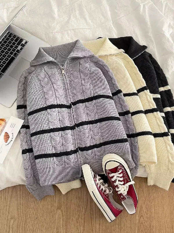 Flash Sale double zipper casual striped sweater jacket   S4772