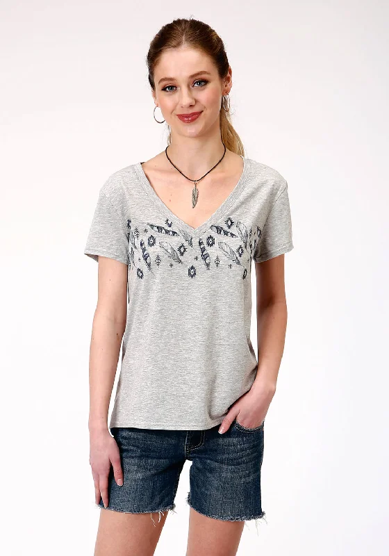Deal Alert Roper Womens Grey Poly/Rayon Feathers S/S V-Neck T-Shirt