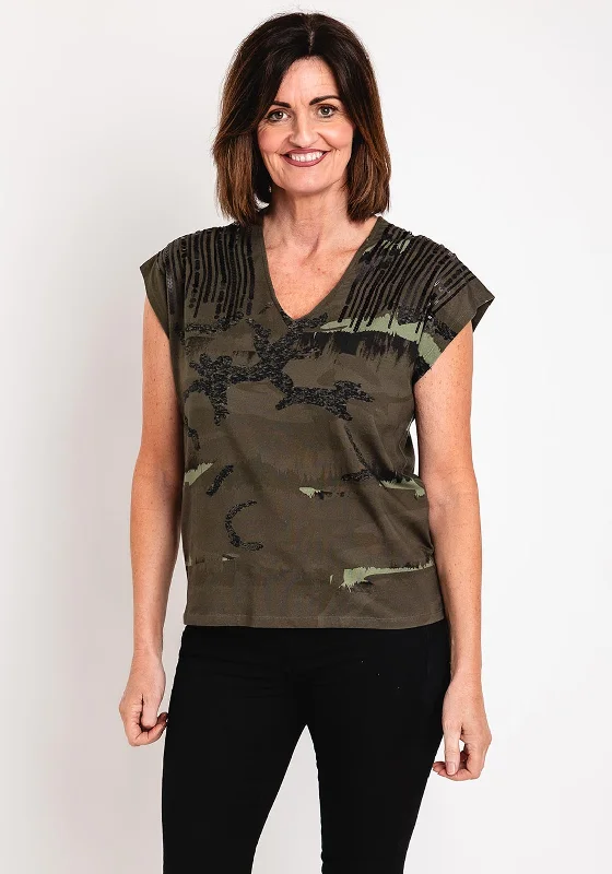 Big Savings Eva Kayan Camo Print Sequin Detail Top, Khaki