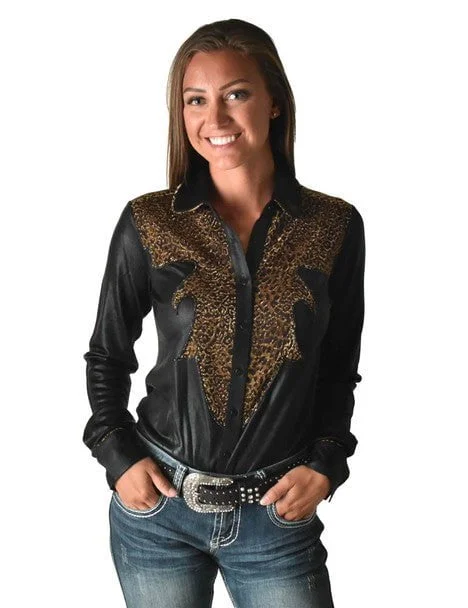 Year-End Sale Cowgirl Tuff Womens Western Metallic Black/Leopard Polyester L/S Shirt