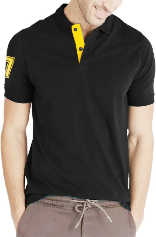 Men Solid Polo Neck Cotton Blend Black, Yellow T-Shirt