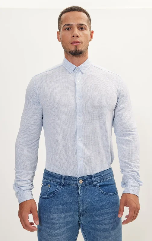 Pure Cotton Knit Travel Shirt- Light Blue & White Honeycomb Jacquard