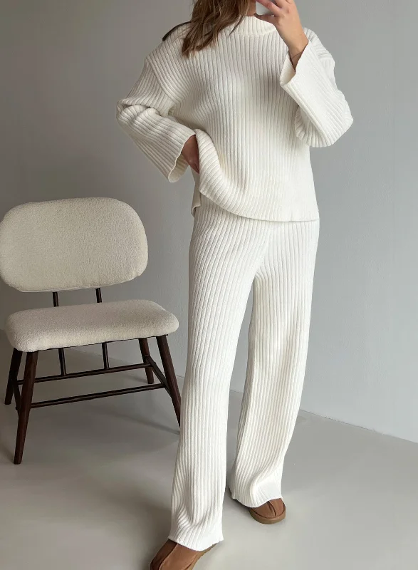 Weekend Savings Sensation Almond White Rib Knit Pants