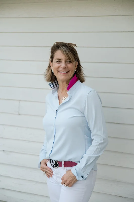 Weekend Discounts to Grab Alison Satin Shirt - Light Blue w Navy Check and Solid Pink Silk Collar (SLK02)