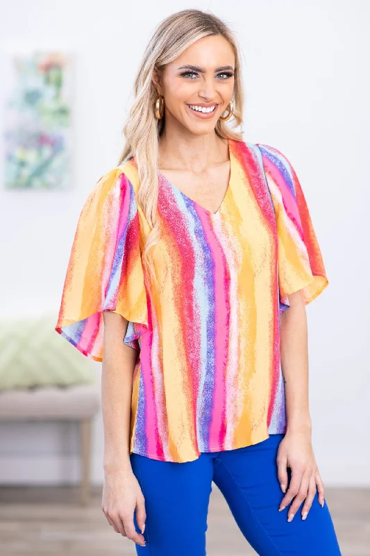 Warehouse Sale Red and Yellow Multicolor Vertical Stripe Top