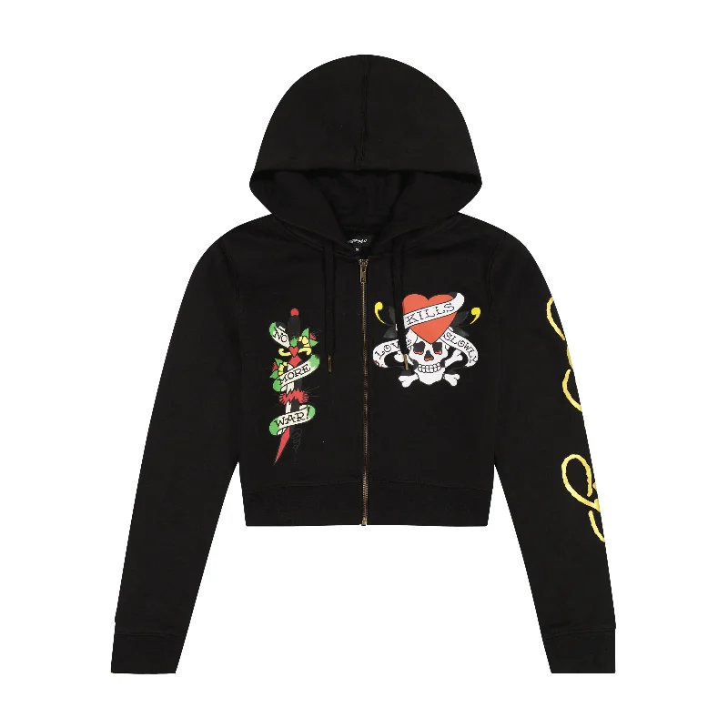 Hurry Up LKS Skull Black Zip Front Cropped Hoodie