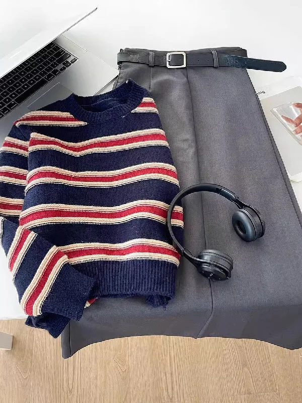 Crazy Savings striped round neck long-sleeved sweater     S4773