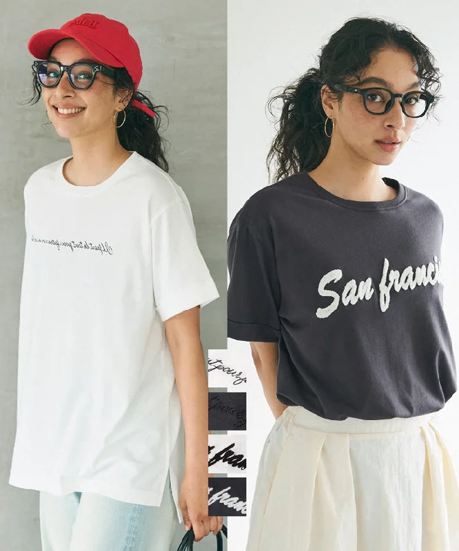 Hot Deal Tシャツ レディース カットソー 半袖 ロゴTシャツ 刺繍 英字ロゴ クルーネック 天竺 伸縮性 ミディアム丈 薄手 メール便可 24ss コカ