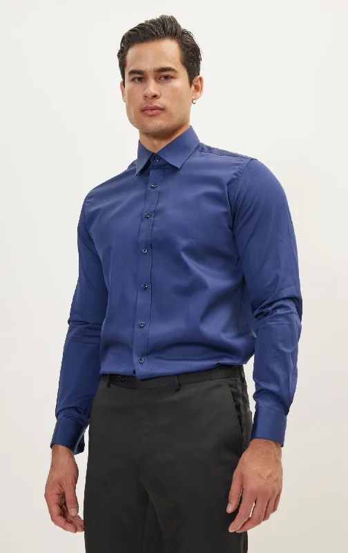 Pure Cotton Classic Collar Sateen Dress Shirt - Navy