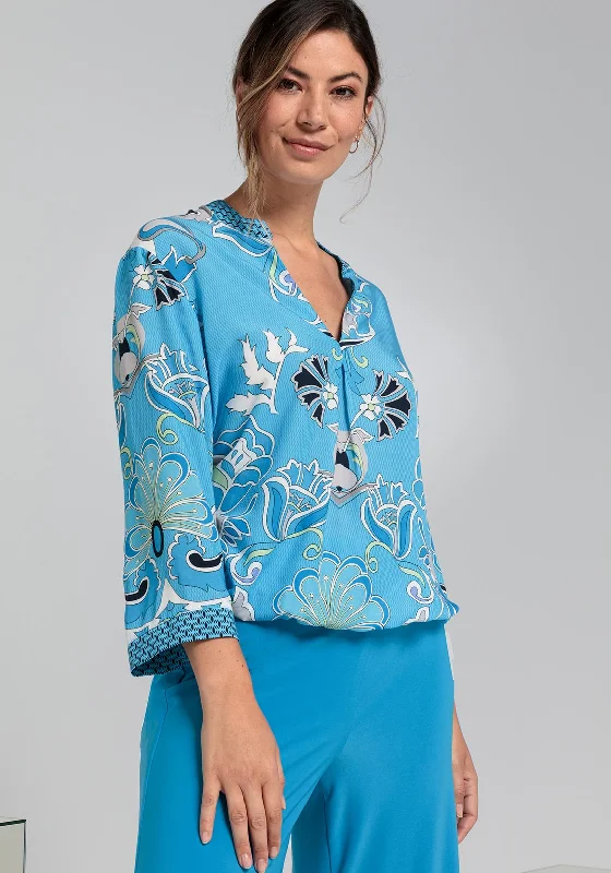 Closeout Sale Bianca Anra Vintage Floral Elastic Trim Top, Blue