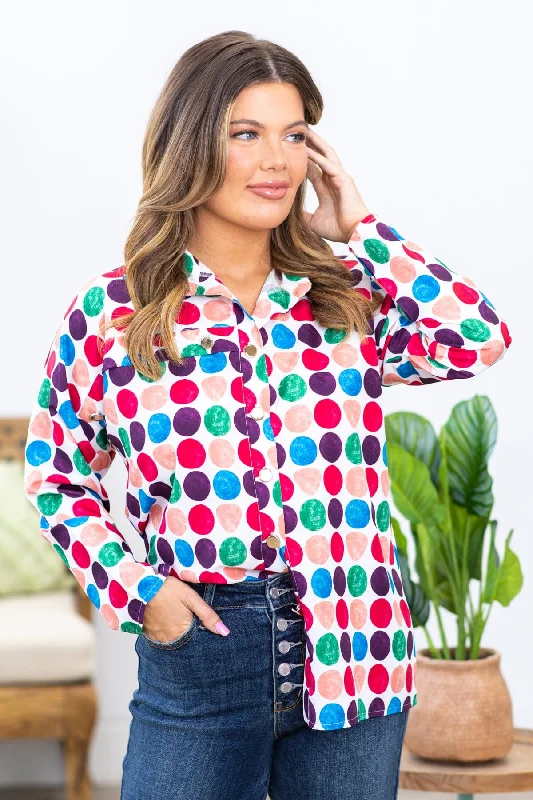 Sale Event White Multicolor Polka Dot Roll Sleeve Top