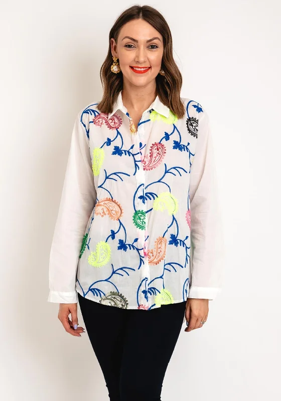 Price Cut Serafina Collection One Size Embroidered Paisley Shirt, White