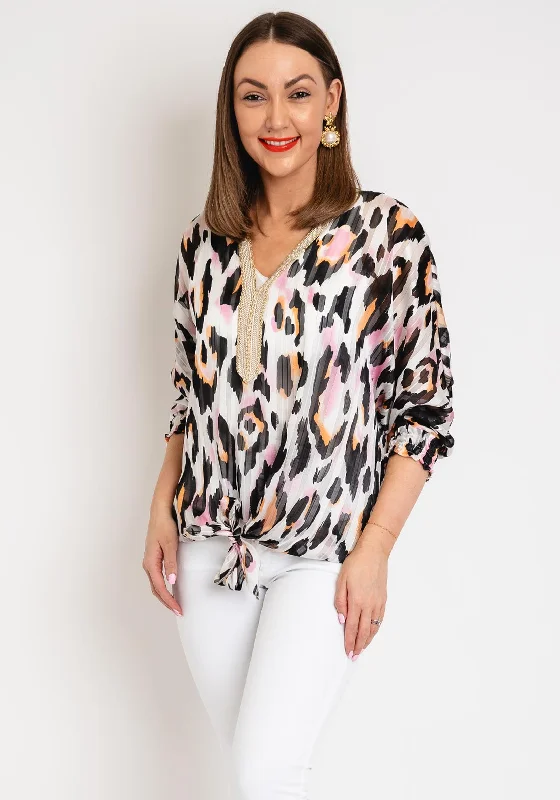 Hurry Up Serafina Collection One Size Tie Leopard Print Light Top, Black & Pink