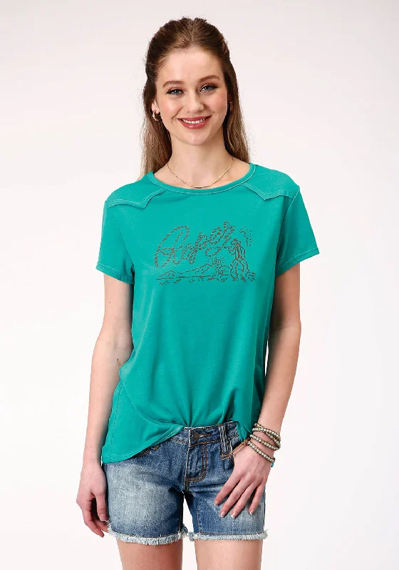 Deal Explosion Roper Womens Turquoise Poly/Rayon Roping Cowboy S/S T-Shirt