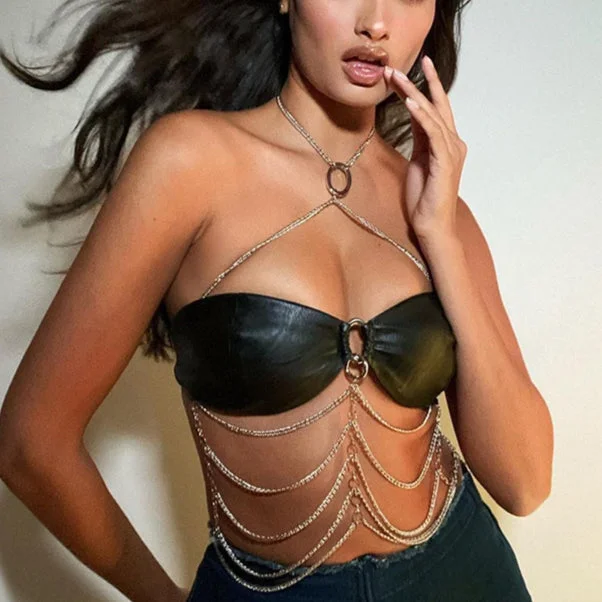 Weekend Specials to Indulge In PU Leather Cross Halter Sexy Chain Nightclub Womens Tube Tops Wholesale