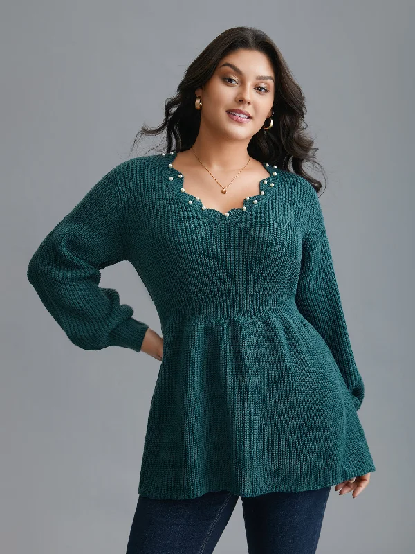Amazing Value Wavy Neckline Pearl Waist-Defining Pullover
