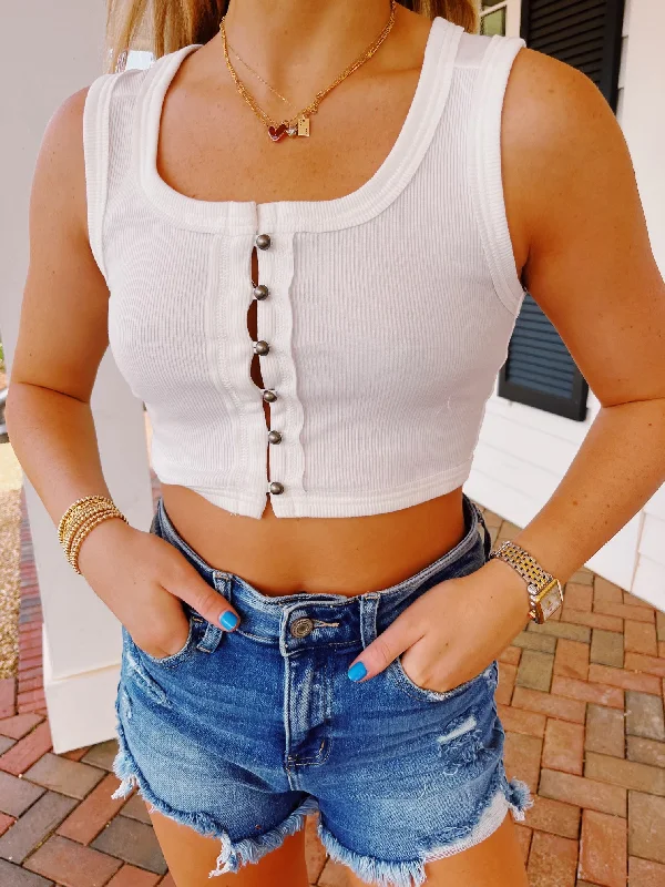 Best Bargains Cute As A Button Cropped Tank Top - White