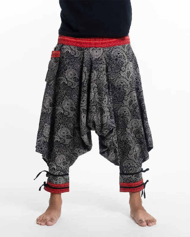 Special Price Paisley Thai Hill Tribe Fabric Drop Crotch Harem Pants with Ankle Straps in Black