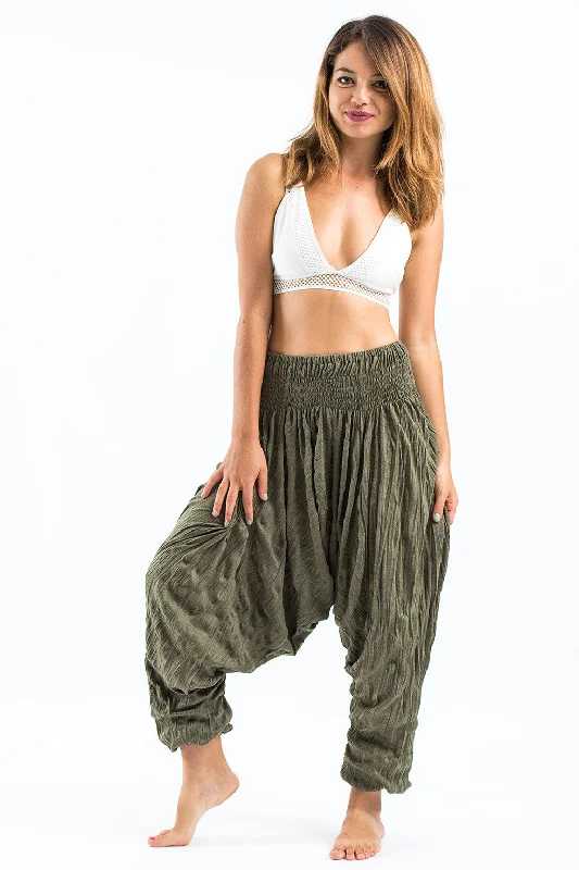 Members Only Unisex Crinkled Cotton Harem Pants in Green