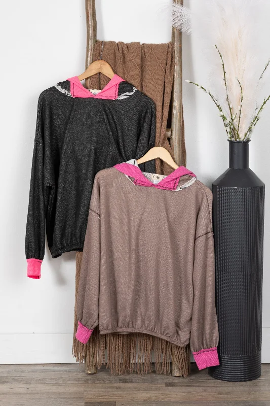 Overstock Sale Thermal Contrast Banded Terry Knit Hoodie Top