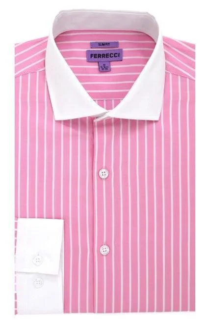 The Pitt Slim Fit Cotton Dress Shirt- Pink with White Collar and White Pin Stripes