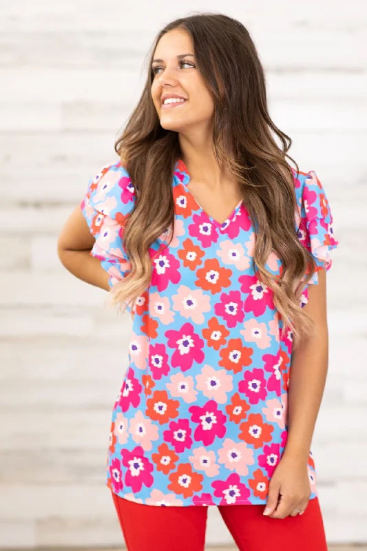 Hot Buy Hot Pink and Cornflower Floral Print Top