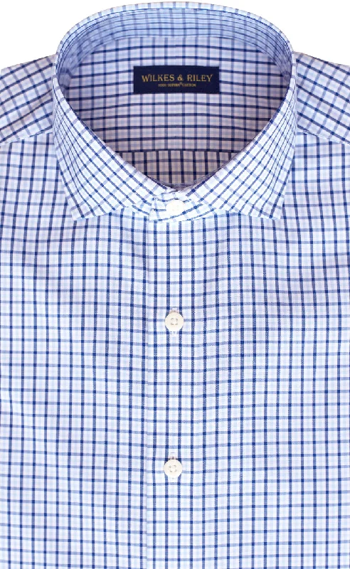 Tailored Fit Sky / Navy Tattersall check English Spread Collar Supima® Non-Iron Cotton Broadcloth Sport Shirt