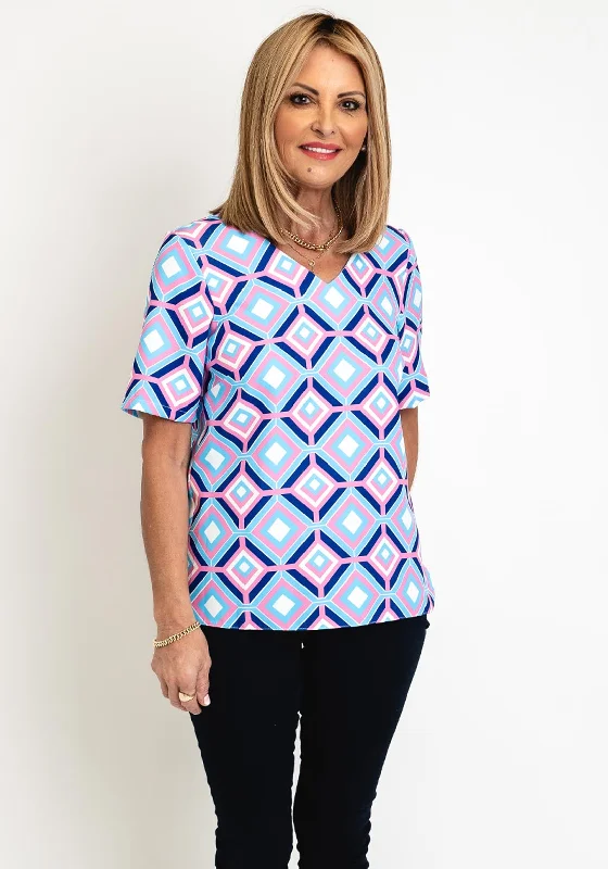 Weekend Bargains Galore Avalon Geo Print V-Neck Top, Pink & Blue