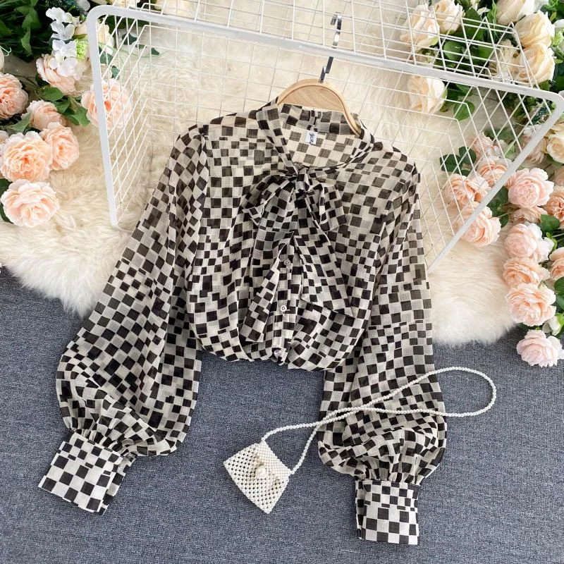 Lowest Price Retro bow round neck long-sleeved check chiffon shirt  316