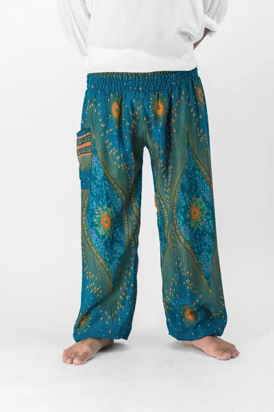 Online Only Unisex Peacock Eye Harem Pants in Turquoise