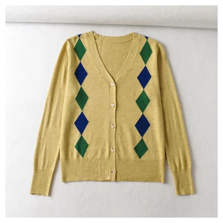 Super Sale V-neck rhombic jacquard loose thin knit cardigan top  7443