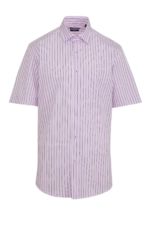 Classic Fit Short Sleeve Striped Cotton Pink Dress Shirt