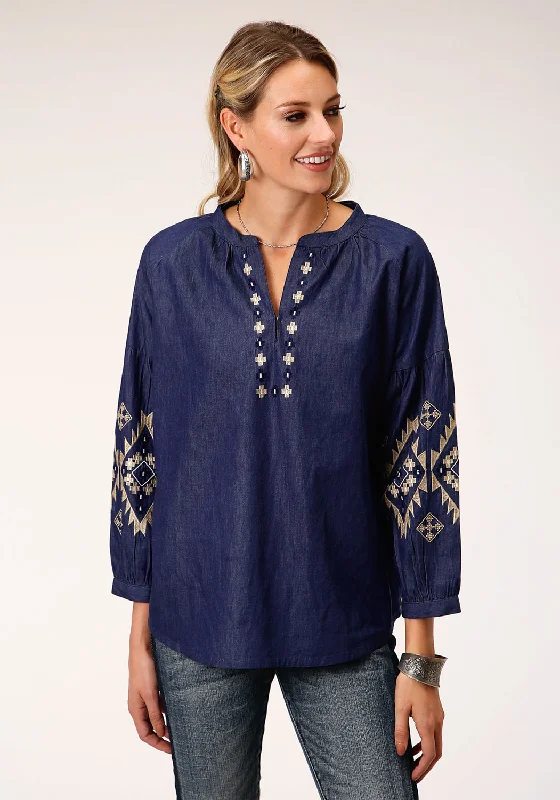 Closeout Sale Roper Womens Indigo Denim 100% Cotton Bishop Sleeves S/S Blouse