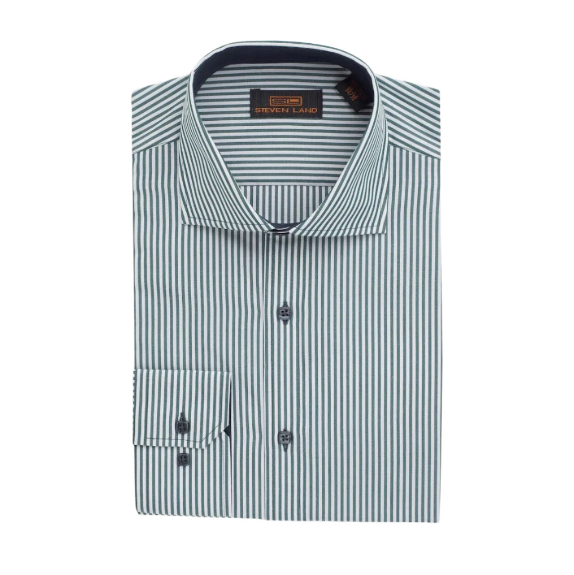 The "Earl" Striped Dress Shirt by Steven Land | Barrel Cuff & Spread Collar | Forest Green