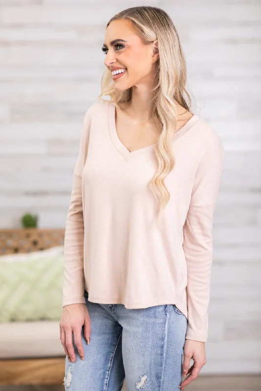Online Specials Beige V-Neck Long Sleeve Top