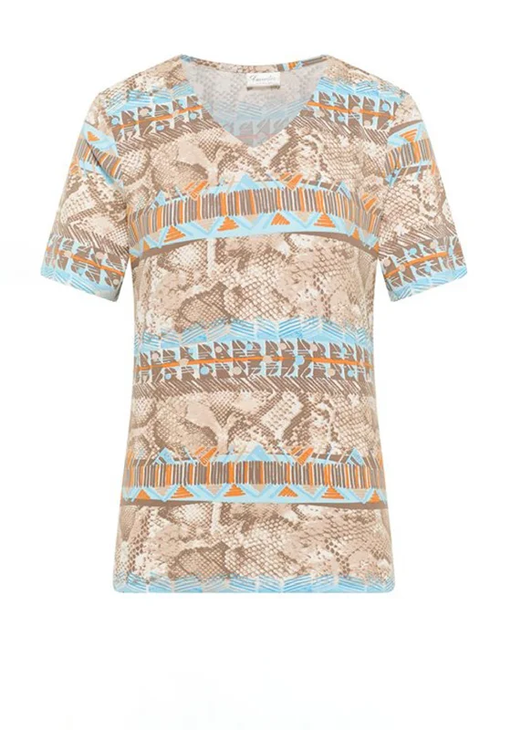 Price Drop Alert Barbara Lebek V- Neck Snakeskin Aztec Mix Print Top, Sand